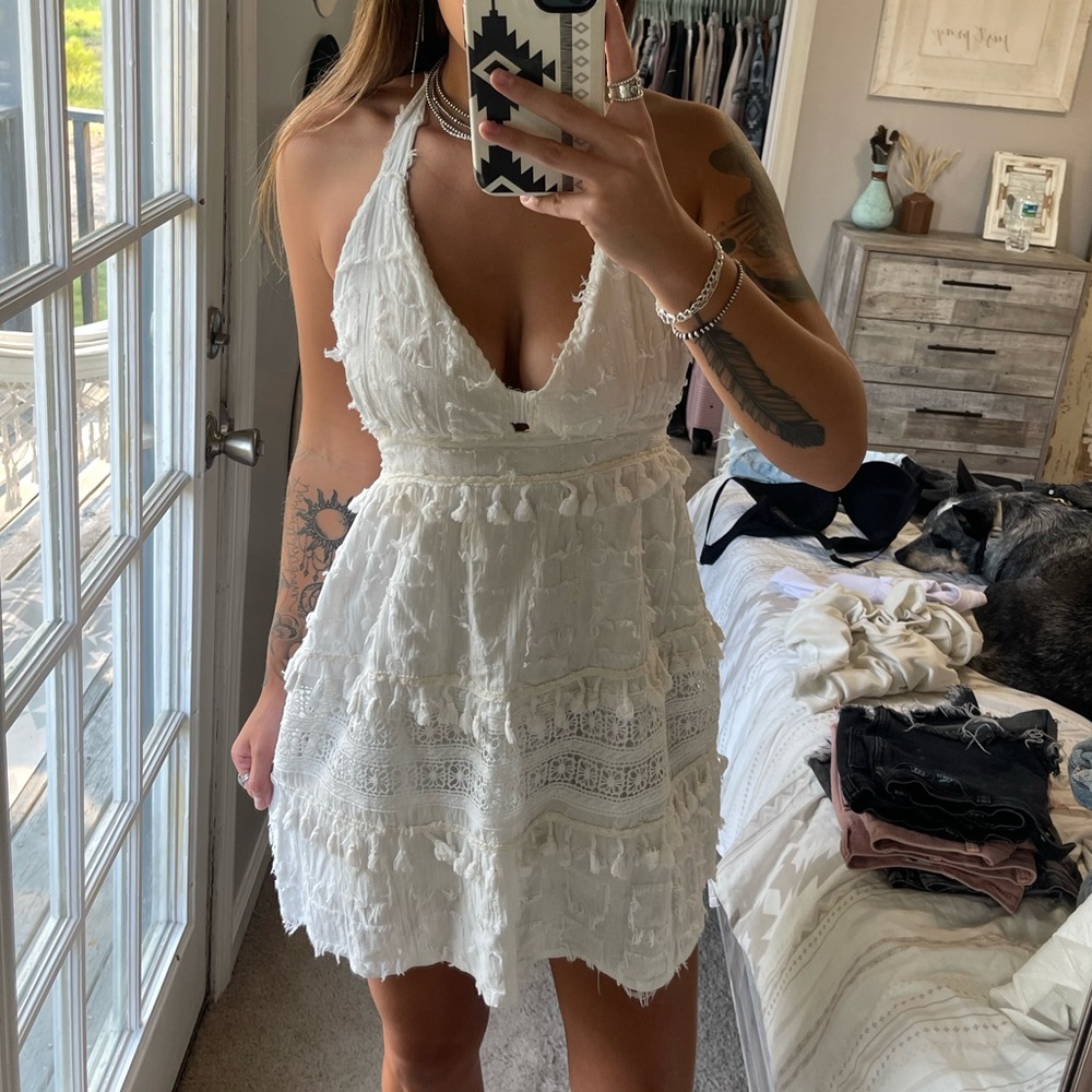 white boho beach ruffle lace backless dress